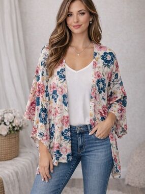 Floral Open Front Kimono Jacket - Pink, Blue, Yellow on White